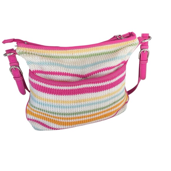 The Sak Rainbow Stripe Crochet Shoulder Bag Pink Trim Adjustable Strap - Picture 3 of 10